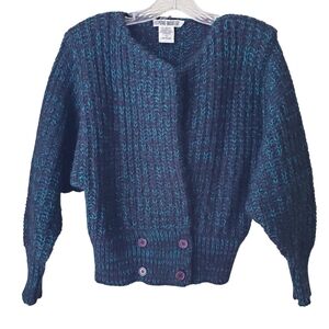 Vintage Petite Tricot Black And Blue Knit Cardigan